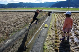 ③田んぼの中の水路でジャンプ